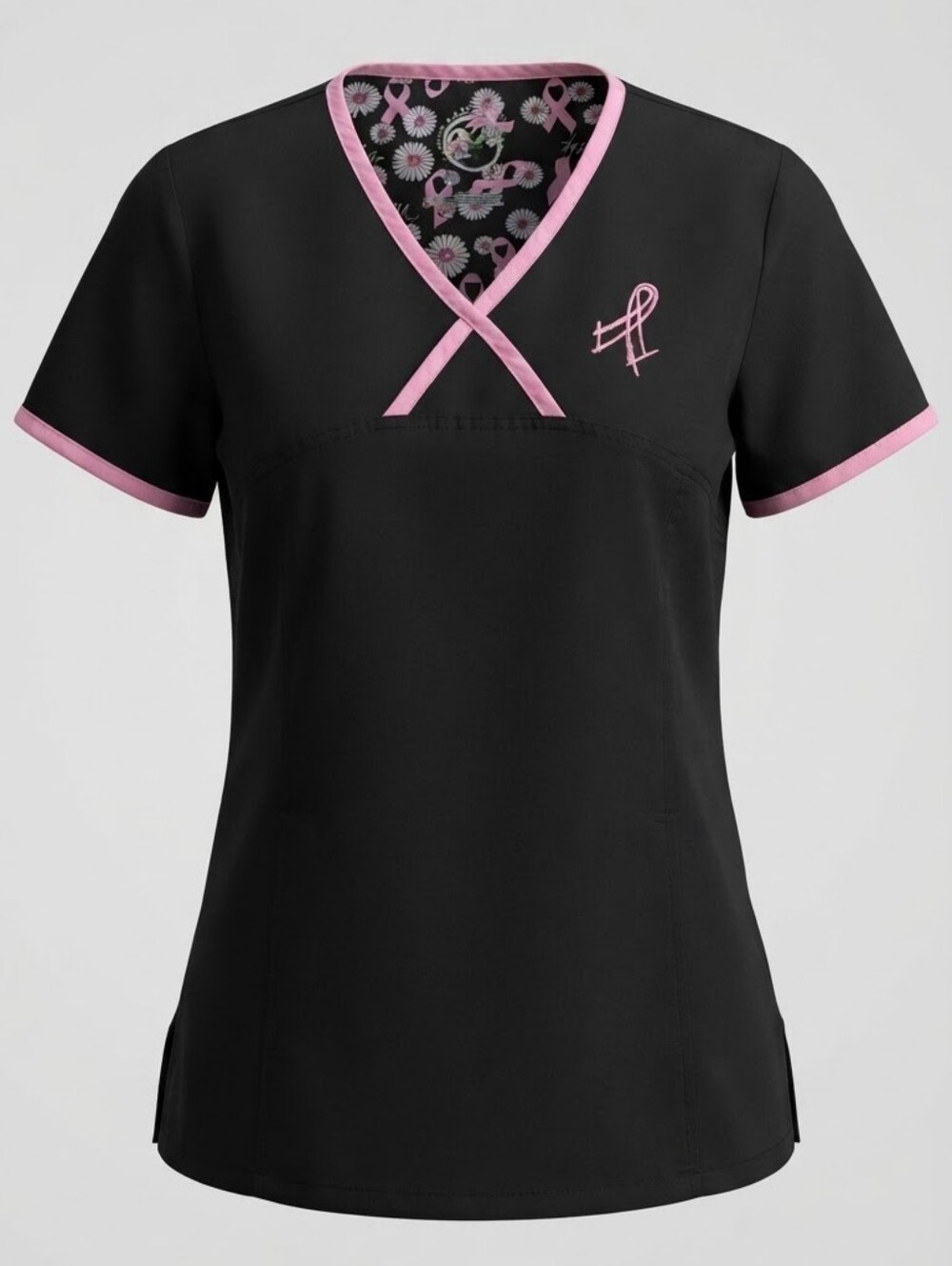 HealthPro Black Pink Ribbon Daisy Floral V-Neck Scrub Top XS
